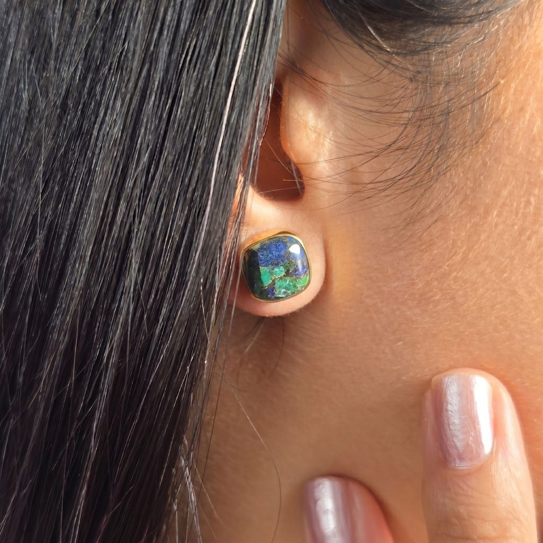 18ct Gold Vermeil Plated Azurite And Malachite Gemstone Stud Earrings