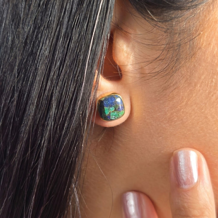 18ct Gold Vermeil Plated Azurite And Malachite Gemstone Stud Earrings