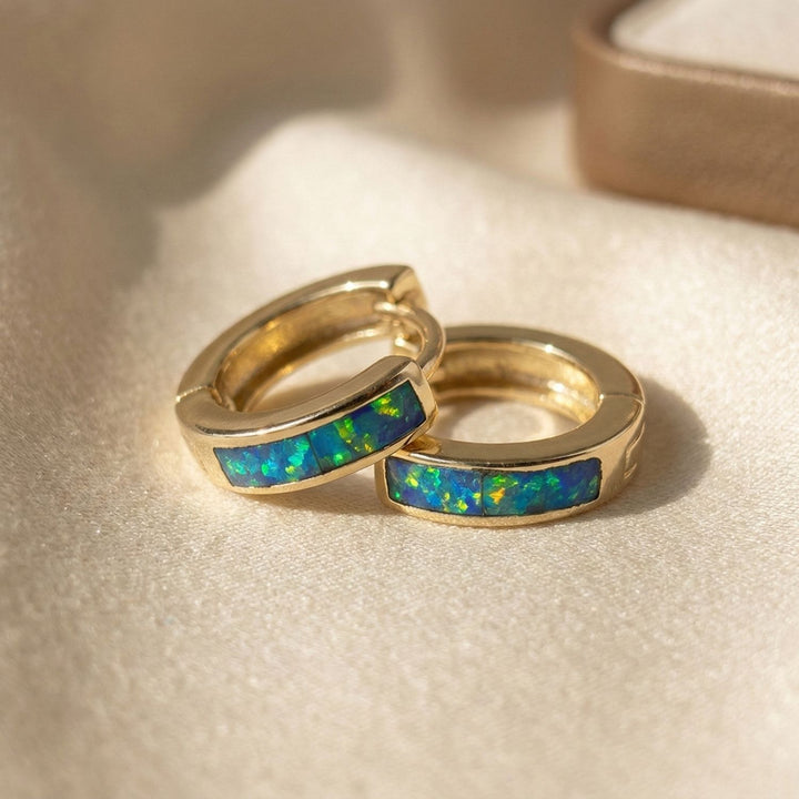 Dainty Blue Fire Opal Inlay Gold Plated Huggie Earrings