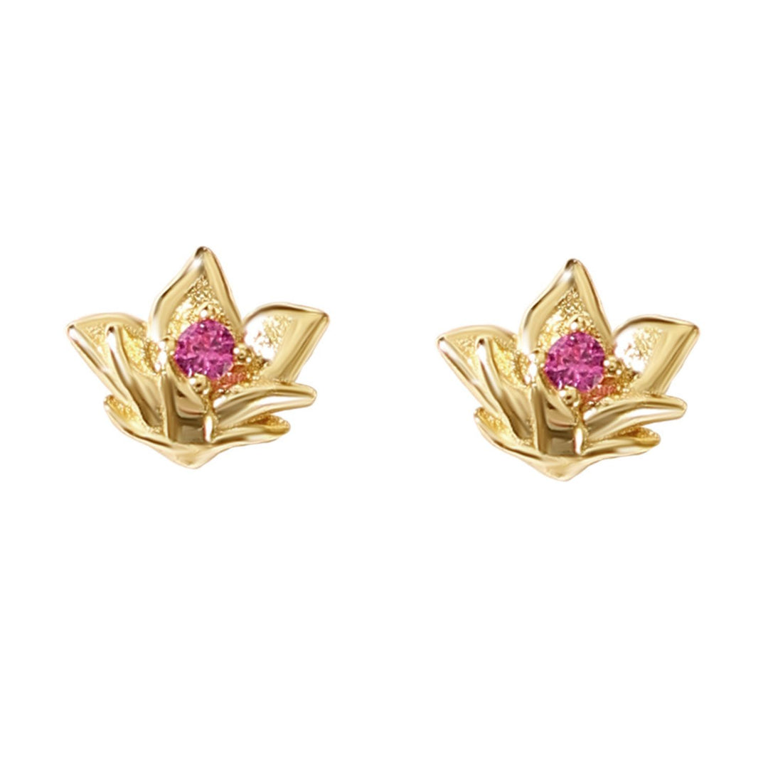 Ruby July Birthstone Larkspur Birthflower Gold Plated Stud Earrings