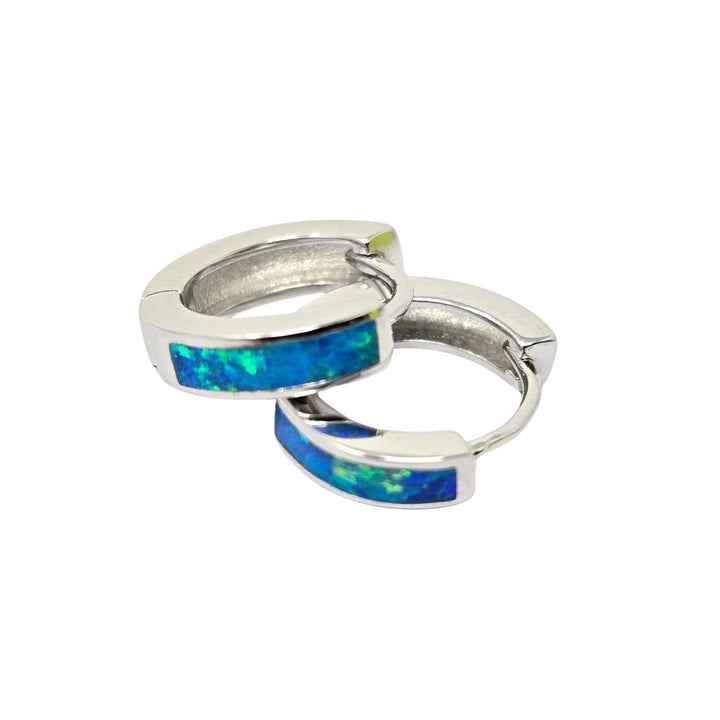 Dainty Blue Fire Opal Inlay Silver Huggie Earrings