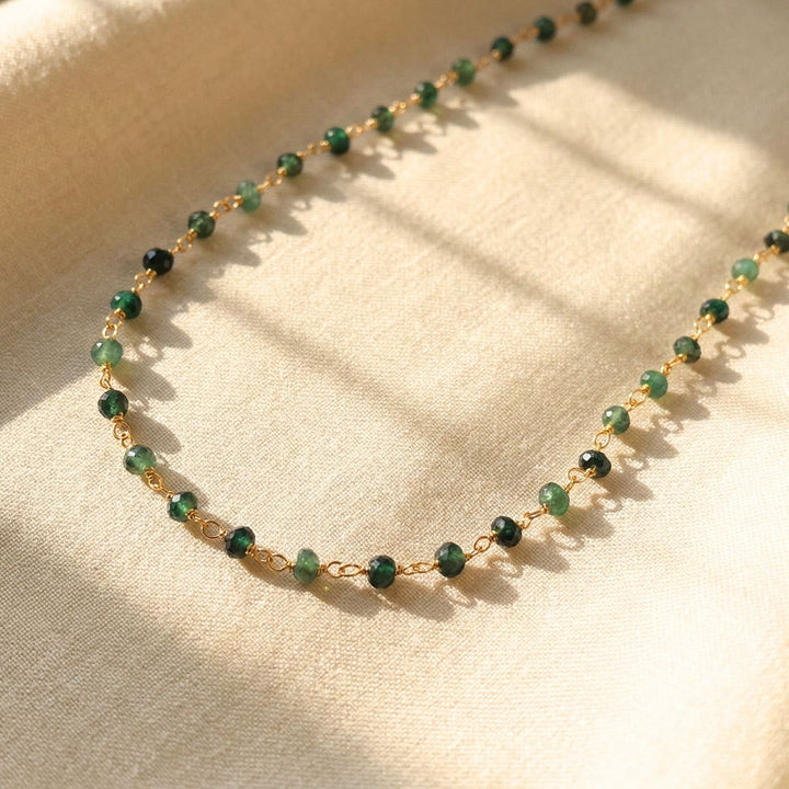 Raw Green Emerald Beaded Delicate Gold Plated Necklace