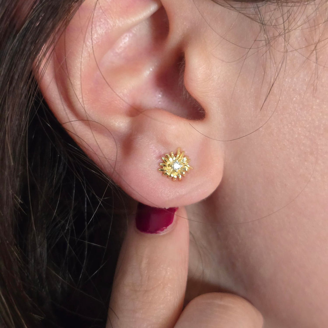 White Topaz April Birthstone Daisy Birthflower Gold Plated Stud Earrings