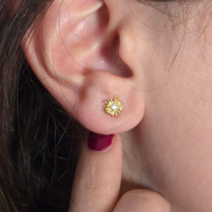 White Topaz April Birthstone Daisy Birthflower Gold Plated Stud Earrings