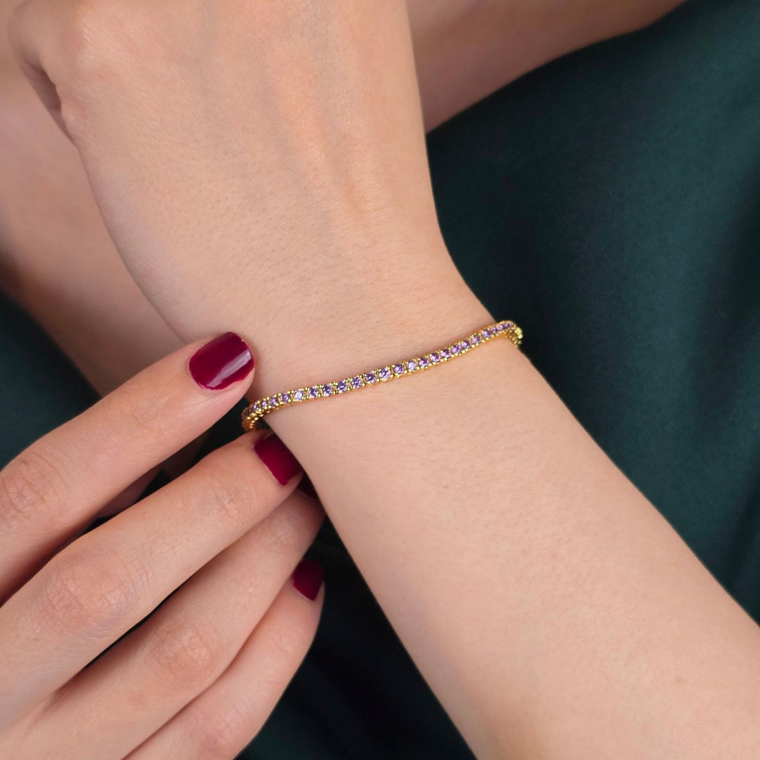 Gold Plated Amethyst February Birthstone Gemstone Tennis Bracelet