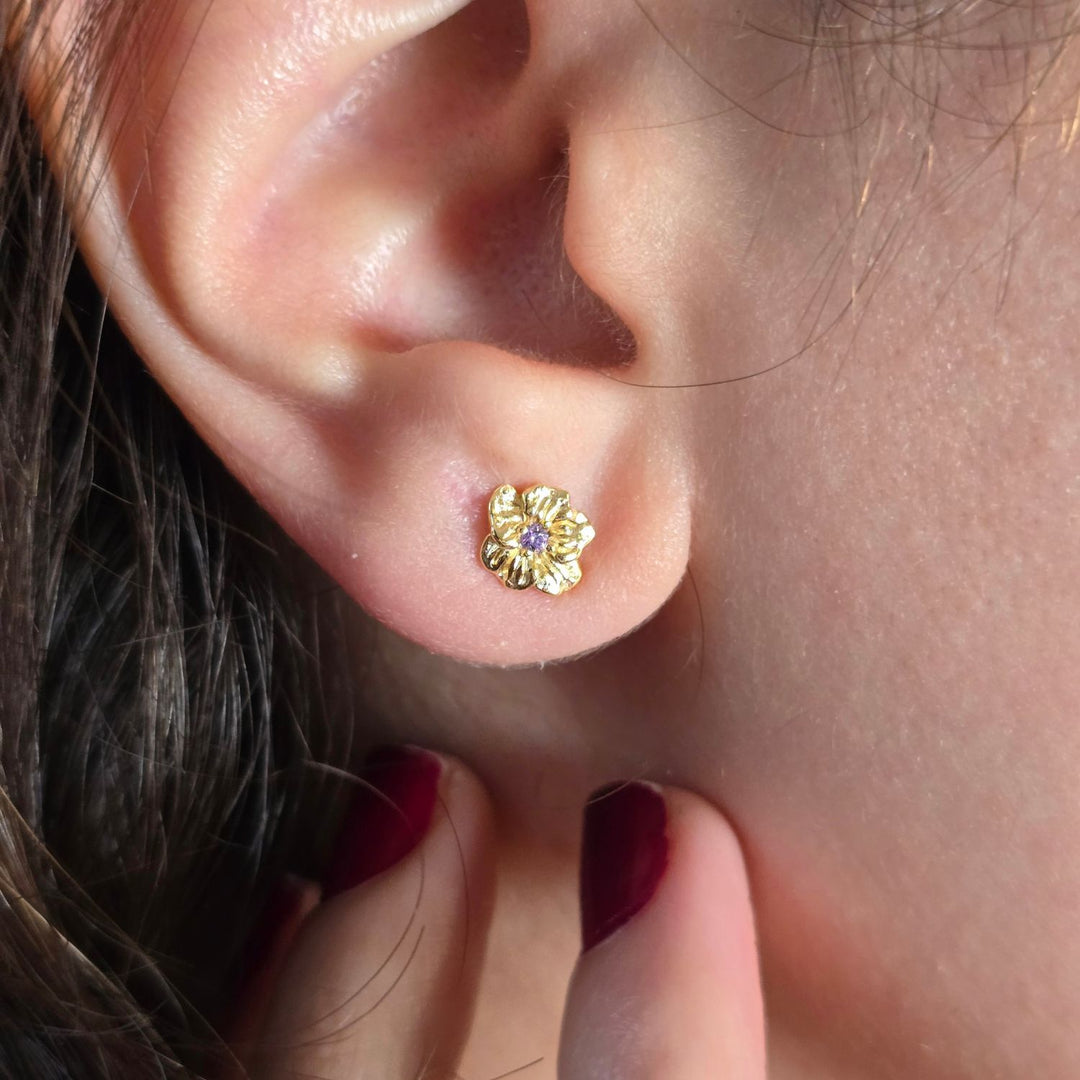 Amethyst February Birthstone Violet Birthflower Gold Plated Stud Earrings