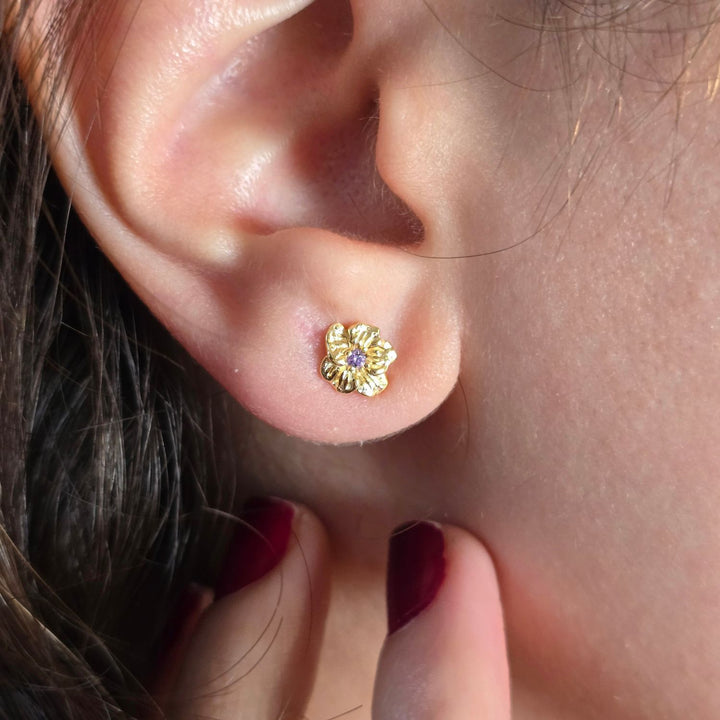 Amethyst February Birthstone Violet Birthflower Gold Plated Stud Earrings