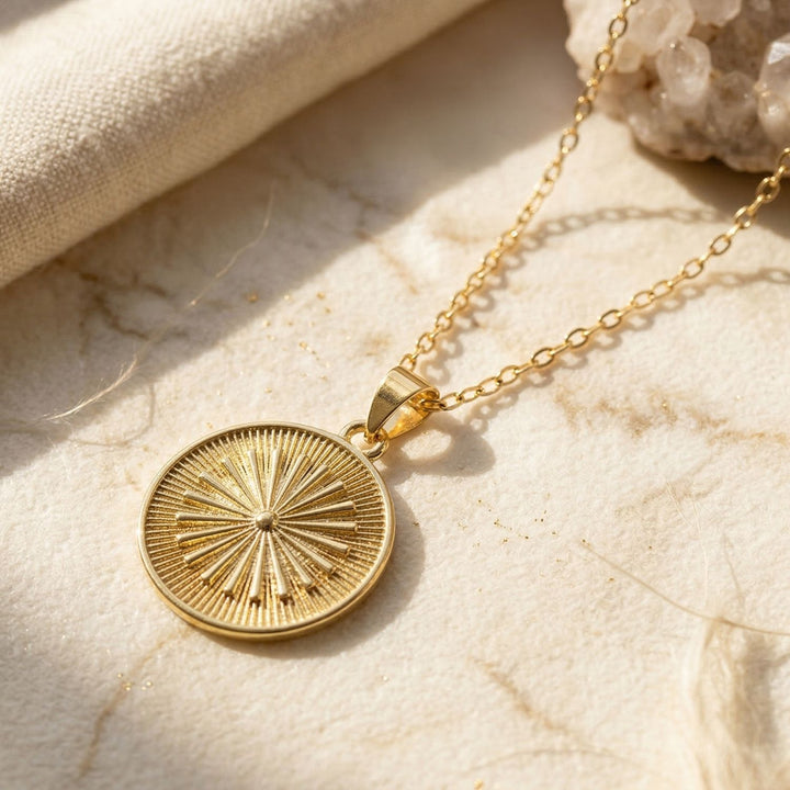 Gold Plated Round Coin Medallion Sun Charm Necklace
