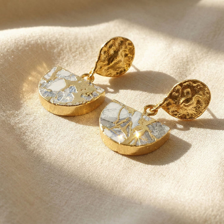 Moonstone June Birthstone Statement Hammered Gold Plated Earrings