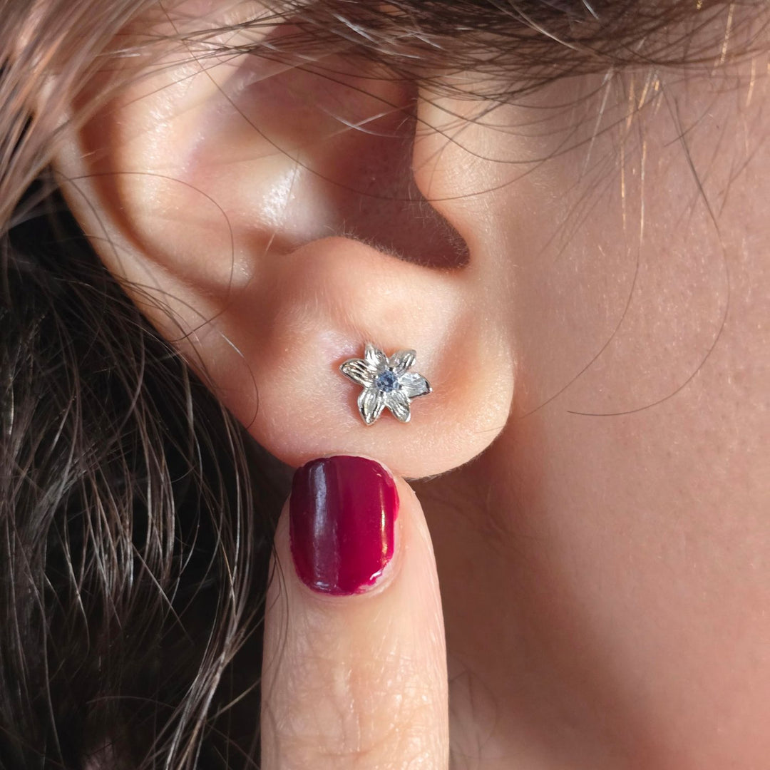 Aquamarine March Birthstone Daffodil Birthflower Sterlling Silver Stud Earrings