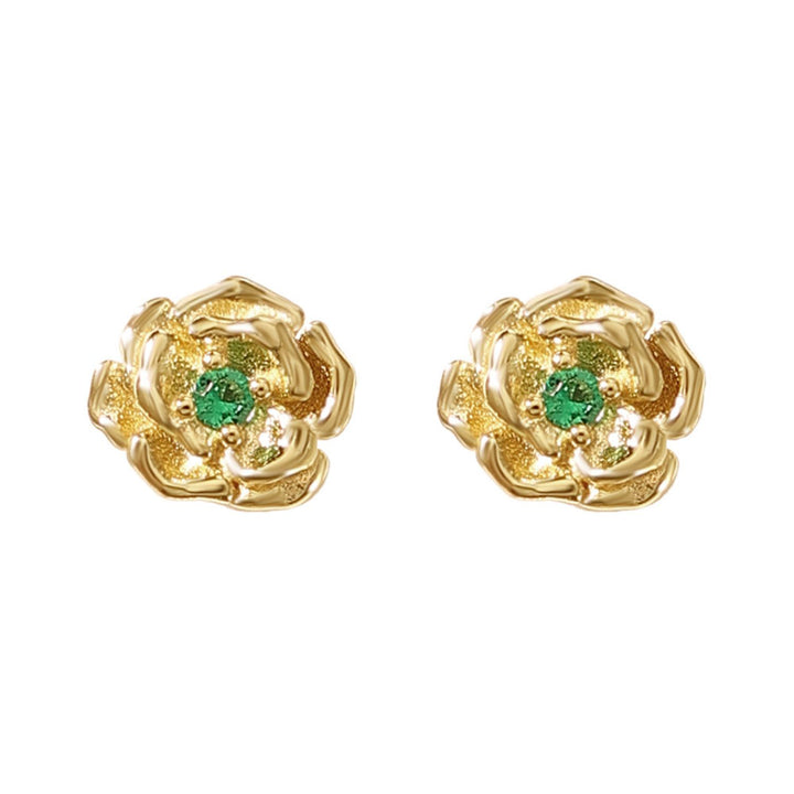 Emerald May Birthstone Hawthorn Birthflower Gold Plated Stud Earrings