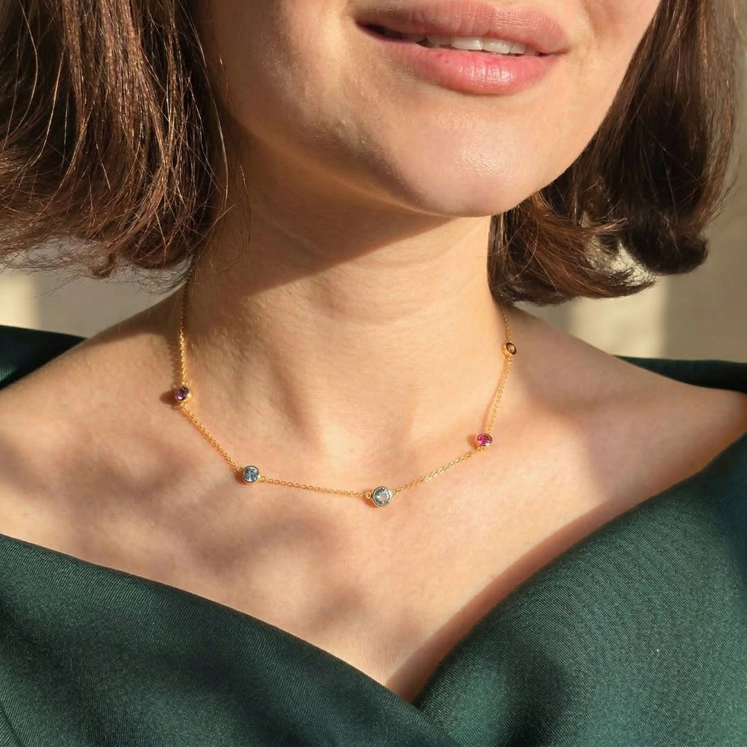 Delicate Multi Gemstone Crystal Gold Plated Necklace