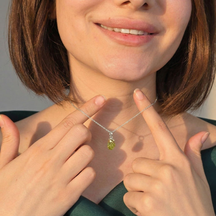 Raw Peridot Sterling Silver August Birthstone Necklace