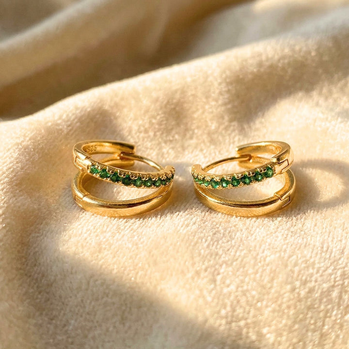 Emerald May Birthstone Double Hoop Small Huggie Gold Plated Earrings