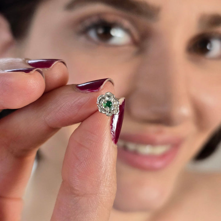 Emerald May Birthstone Hawthorn Birthflower Sterling Silver Stud Earrings