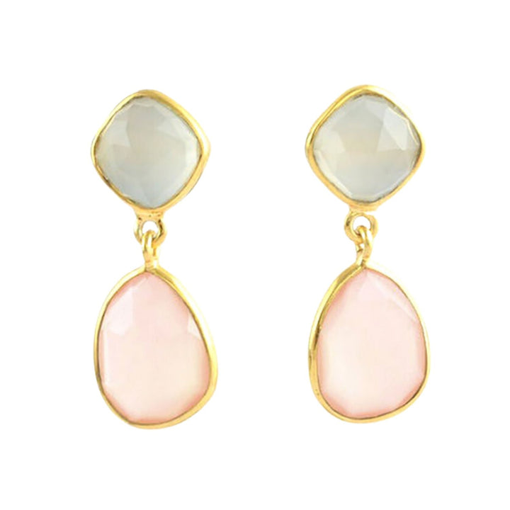 18ct Gold Vermeil Plated Pink And White Chalcedony Drop Earrings