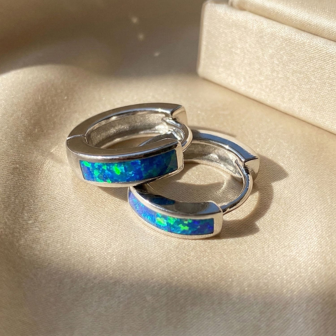 Dainty Blue Fire Opal Inlay Silver Huggie Earrings