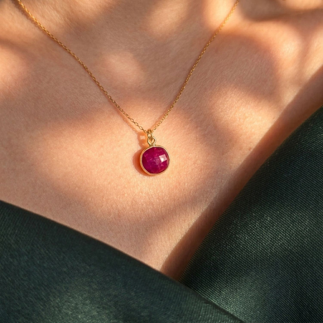 18ct Gold Vermeil Plated Round Ruby July Birthstone Necklace