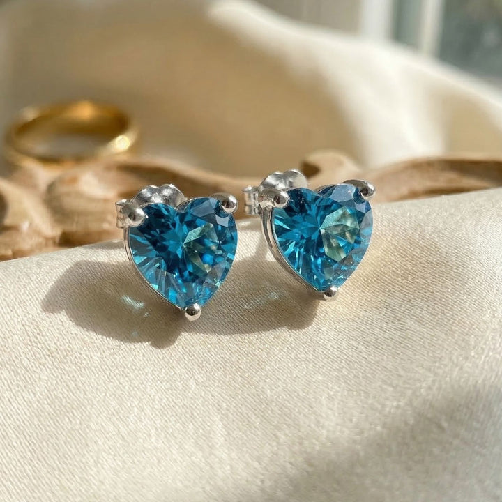 Blue Topaz Heart Sterling Silver Stud Gemstone Earrings