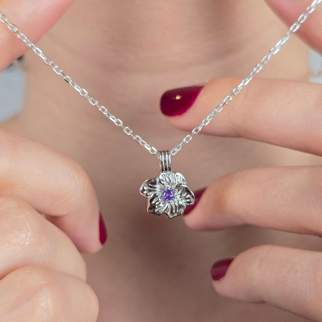 Amethyst February Birthstone Violet Birthflower Sterling Silver Charm Necklace