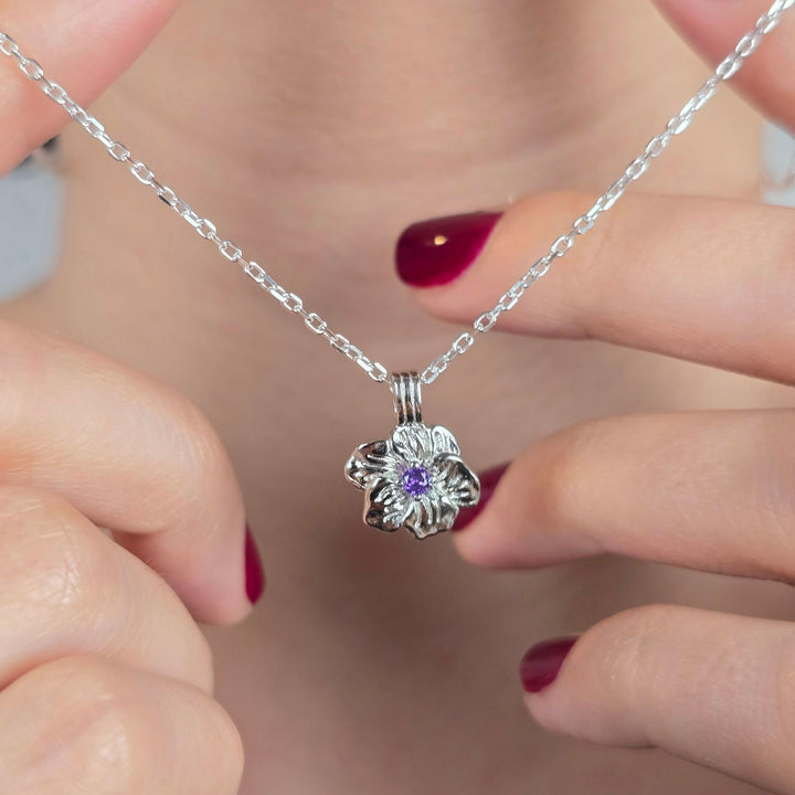 Amethyst February Birthstone Violet Birthflower Sterling Silver Charm Necklace