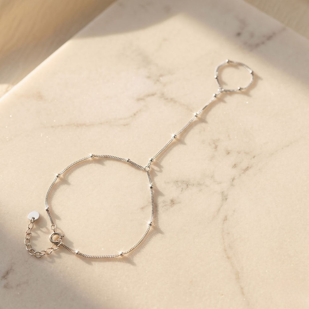 Dainty Beaded Link Chain Silver Bracelet And Ring