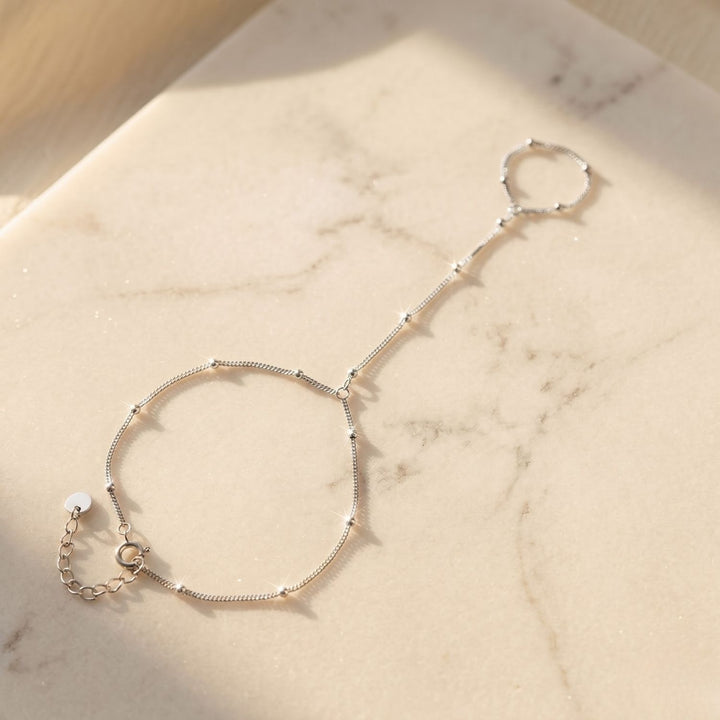 Dainty Beaded Link Chain Silver Bracelet And Ring