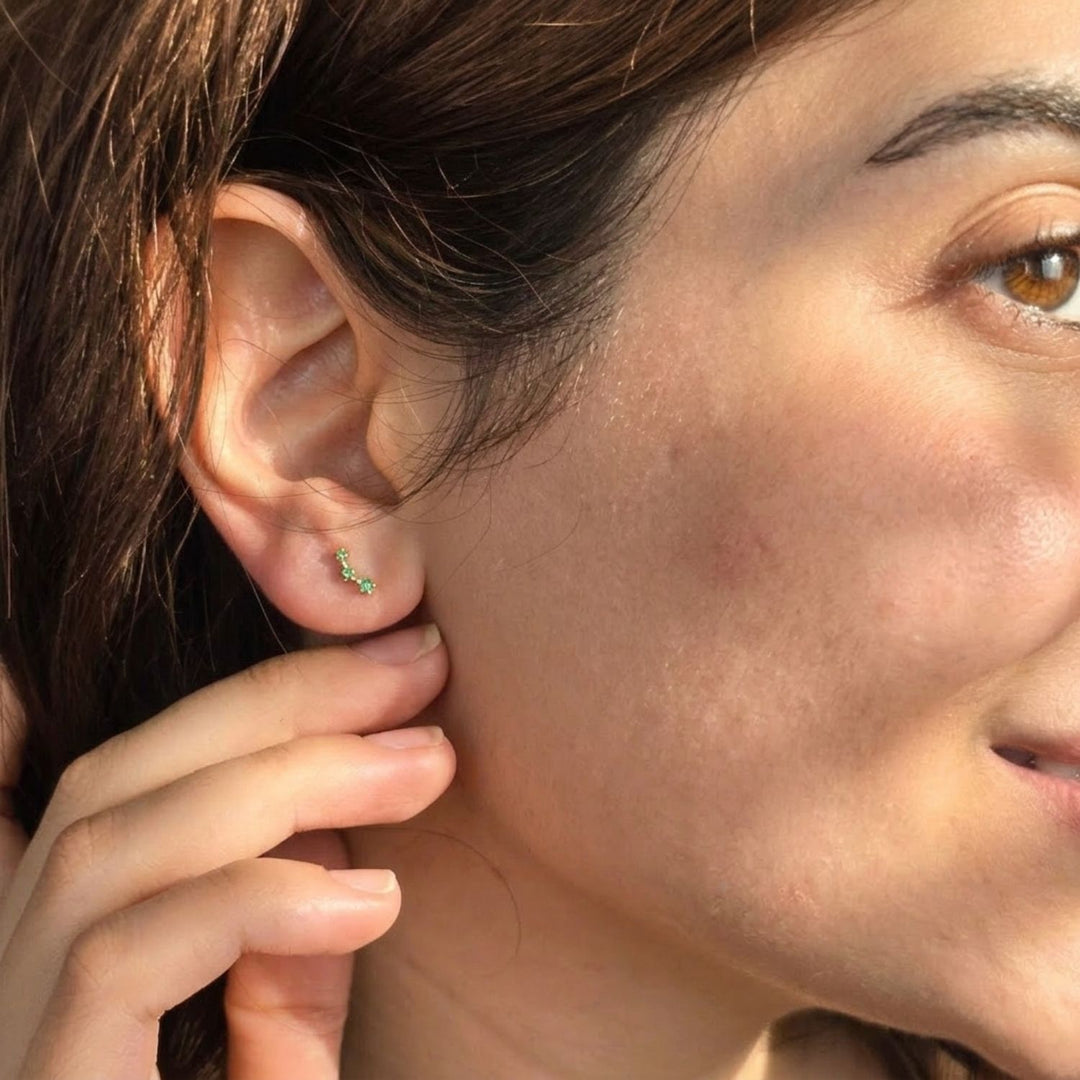 Tiny Emerald May Birthstone Climber Stud Earrings