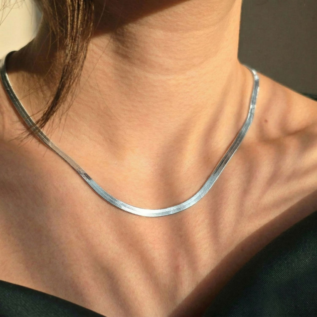 Herringbone Rhodium Filled Silver Snake Chain Necklace