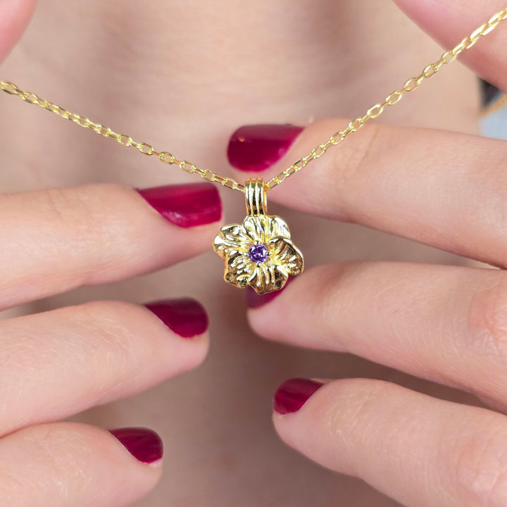 Amethyst February Birthstone Violet Birthflower Gold Plated Charm Necklace
