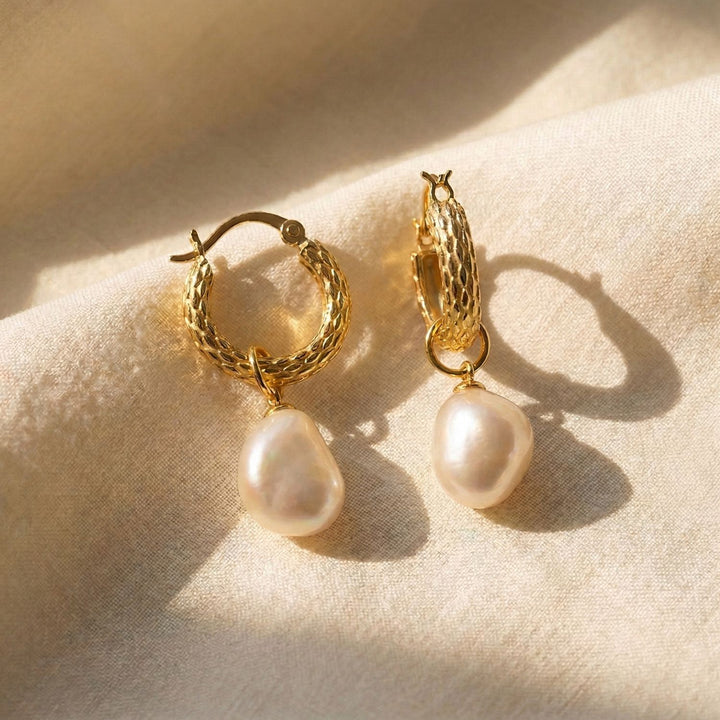 Elegant Gold Plated Basket Weave Hoop Earrings with Freshwater Pearl Charm