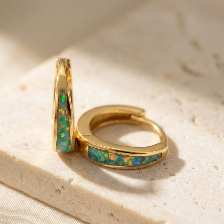 Minimalist Tapered Iiridescent Opal Gold Plated Hoop Earrings