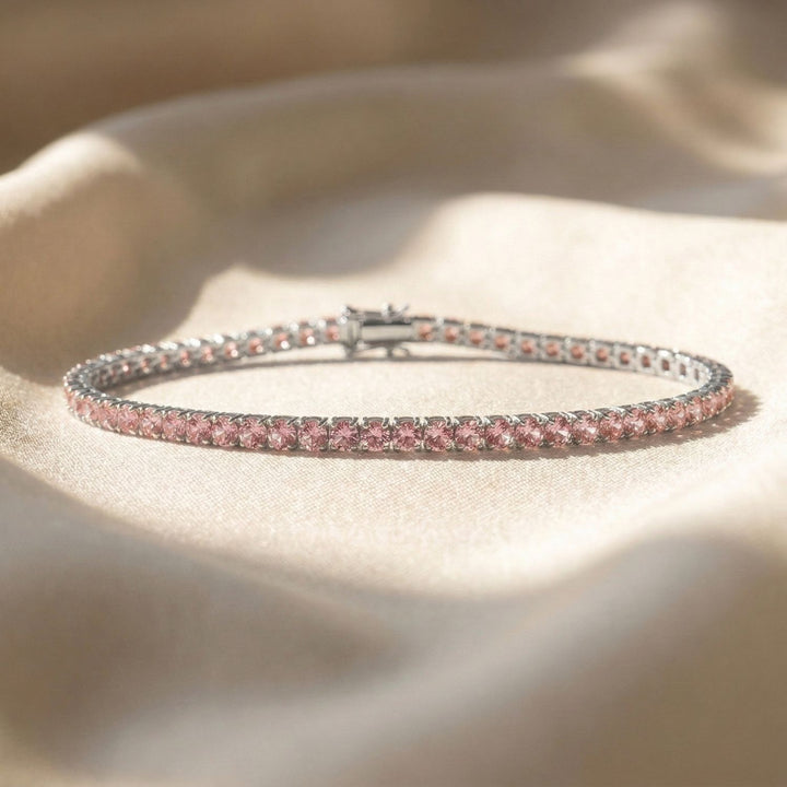 Pink Tourmaline October Birthstone Sterling Silver Tennis Bracelet