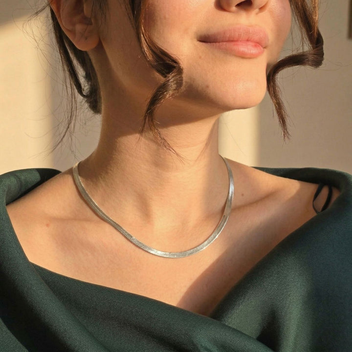Herringbone Rhodium Filled Silver Snake Chain Necklace