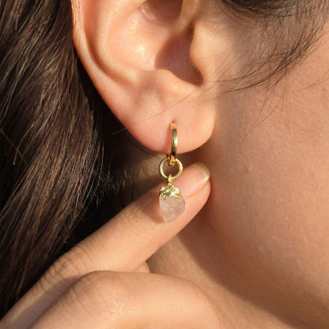 Raw Rose Quartz October Birthstone Gold Plated Huggies