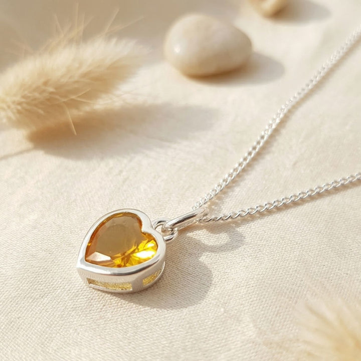 Mini Heart Silver Citrine November Birthstone Necklace