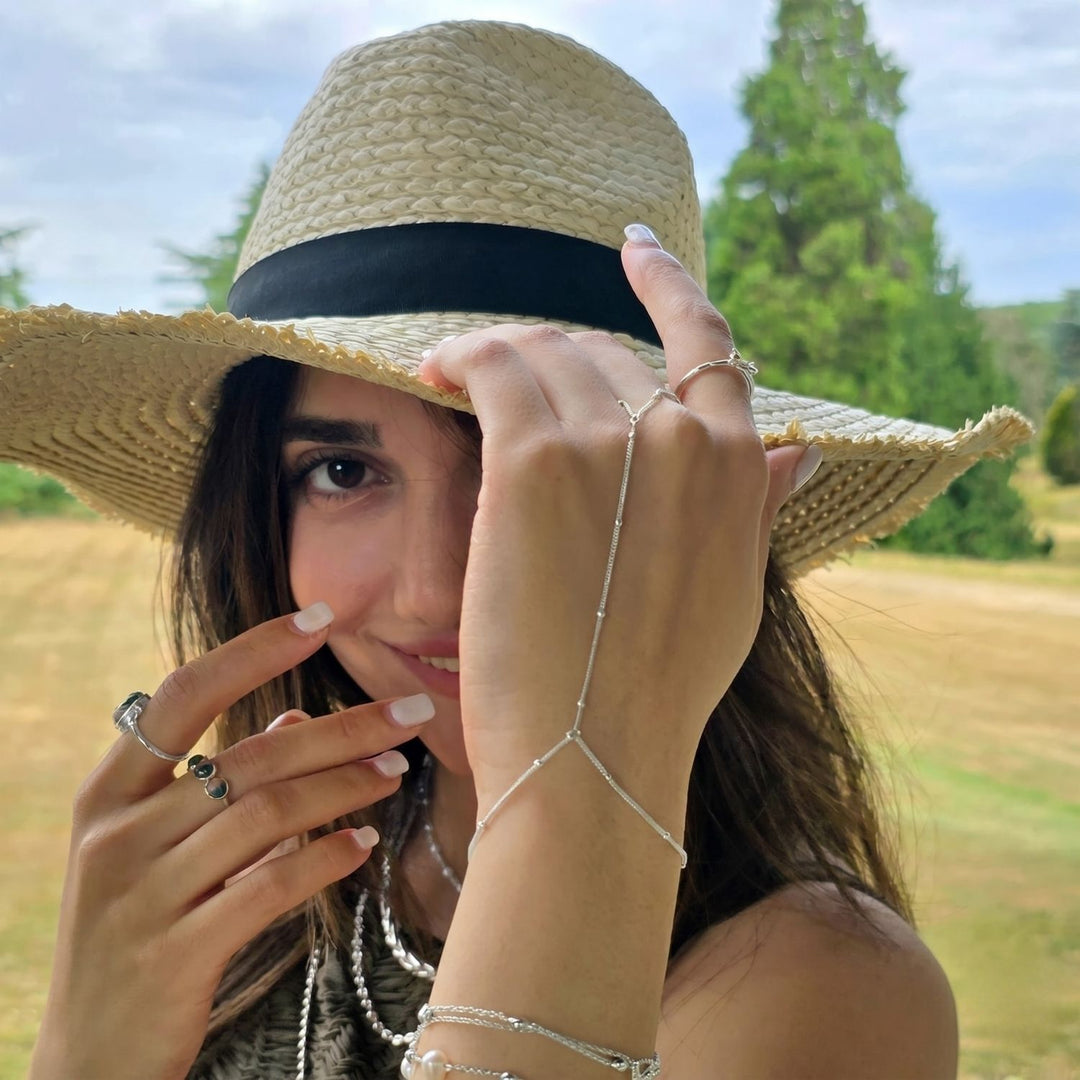 Dainty Beaded Link Chain Silver Bracelet And Ring