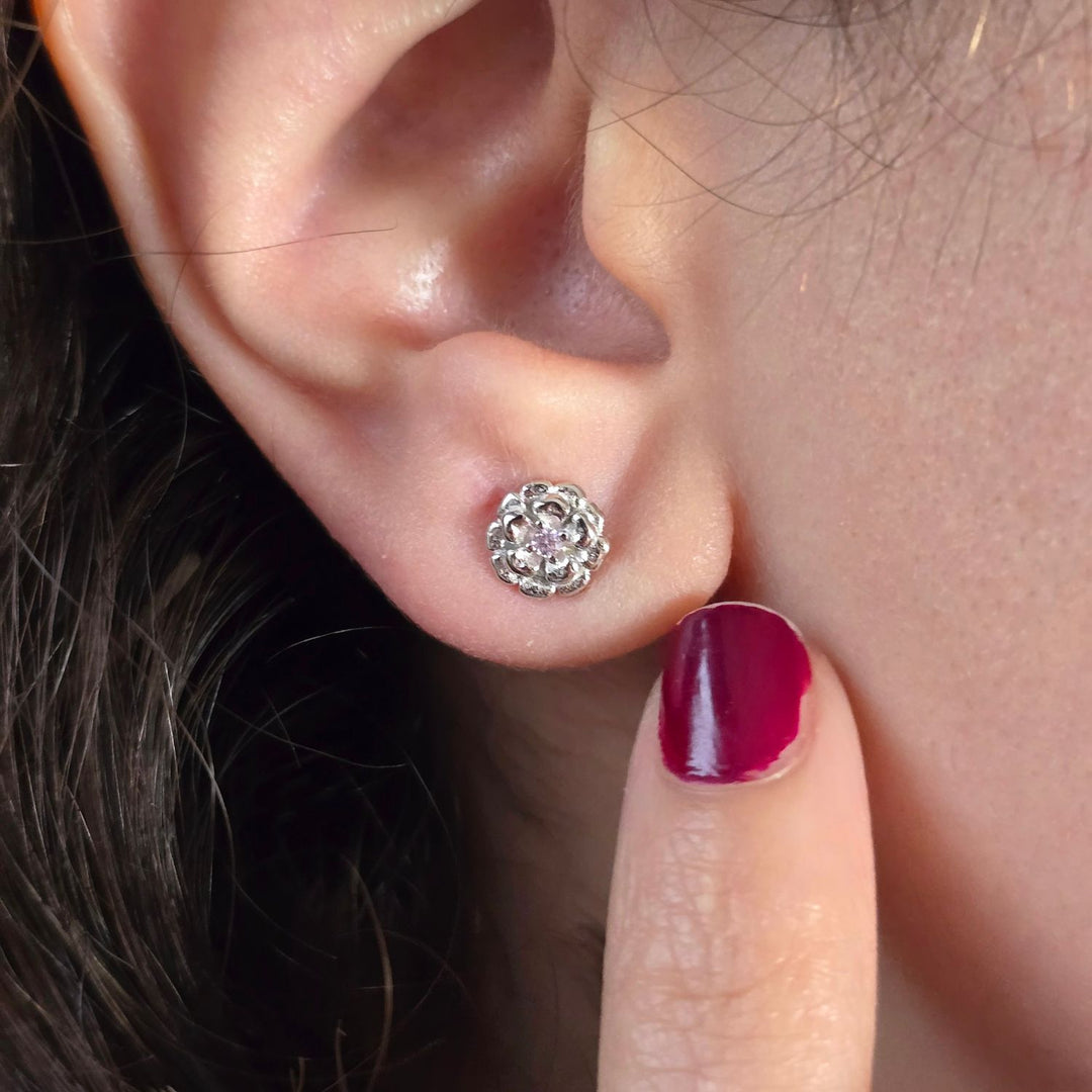 Pink Toumaline October Birthstone Marigold Birthflower Sterling Silver Stud Earrings