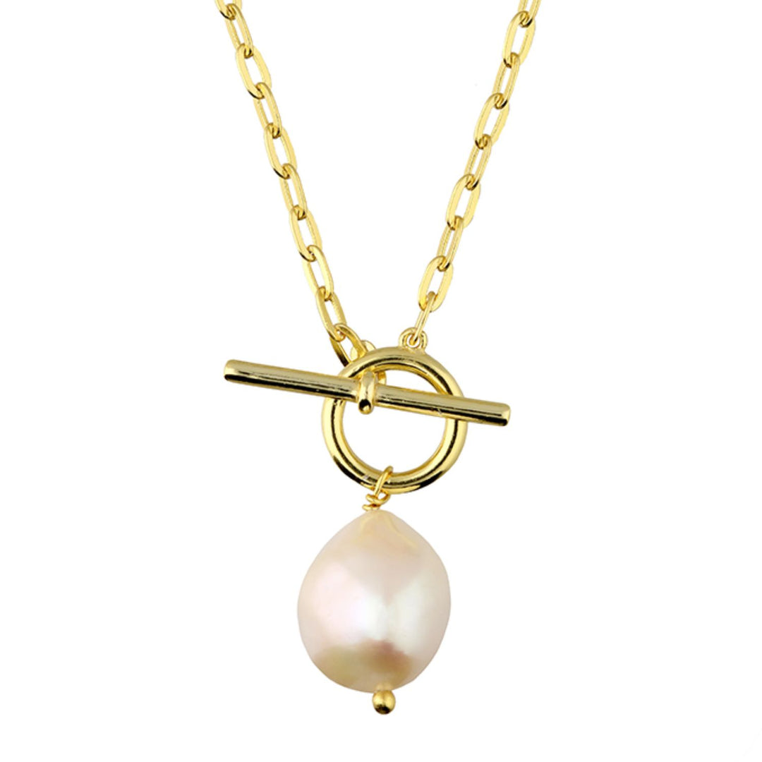 18ct Gold Vermeil Pearl T-Bar Necklace - June Birthstone