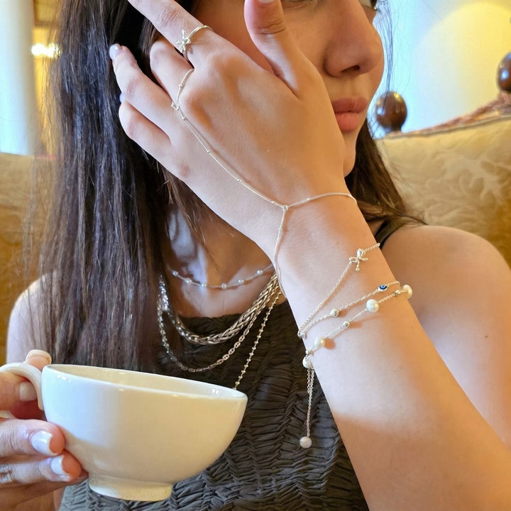 Dainty Beaded Link Chain Silver Bracelet And Ring