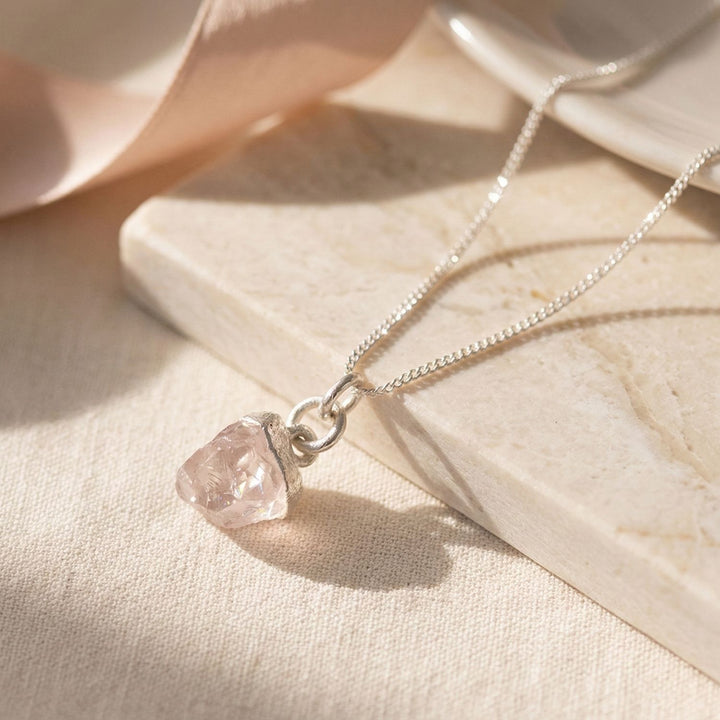 Raw Rose Quartz October Birthstone Sterling Silver Necklace