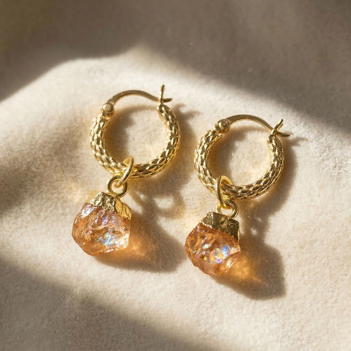 Raw Citrine November Birthstone Huggie Hoops Gold Vermeil Plated Gemstone Earrings