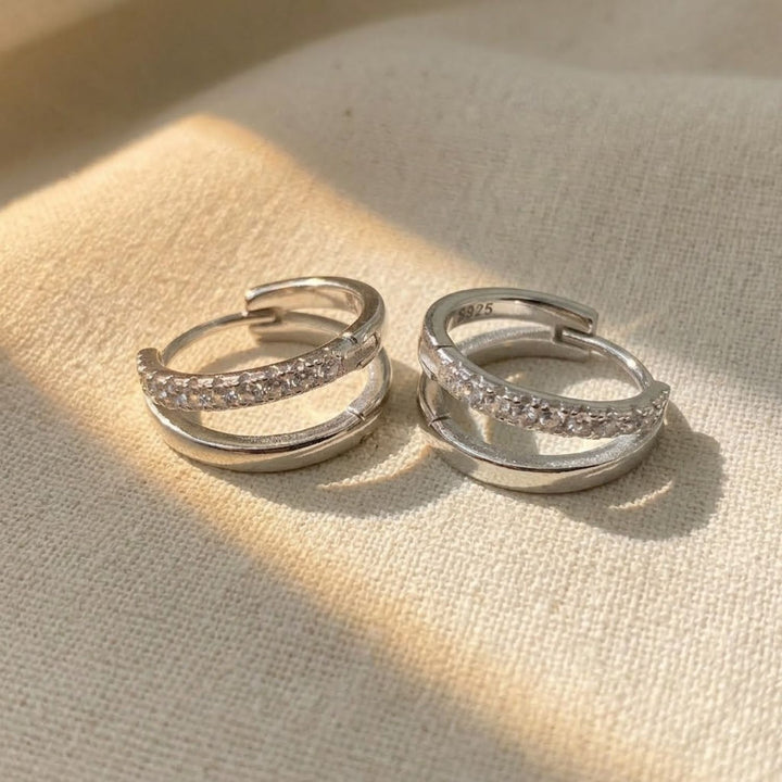 Diamond April Birthstone Double Hoop Small Huggie Sterling Silver Earrings
