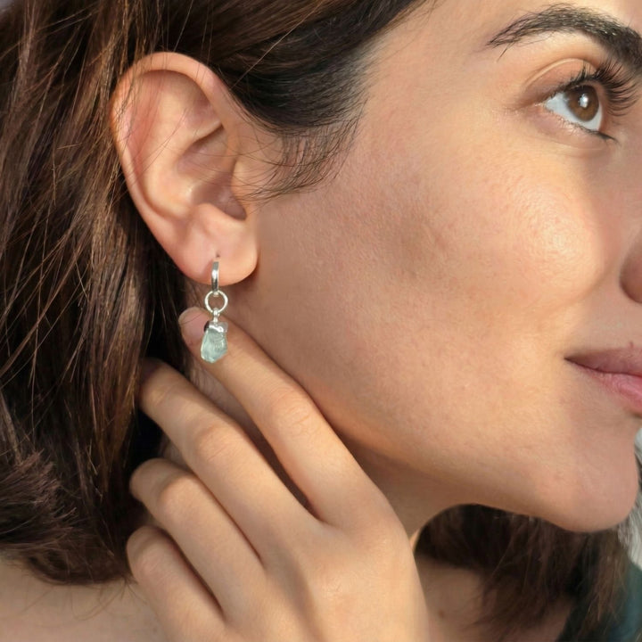 Raw Aquamarine March Birthstone Sterling Silver Huggies