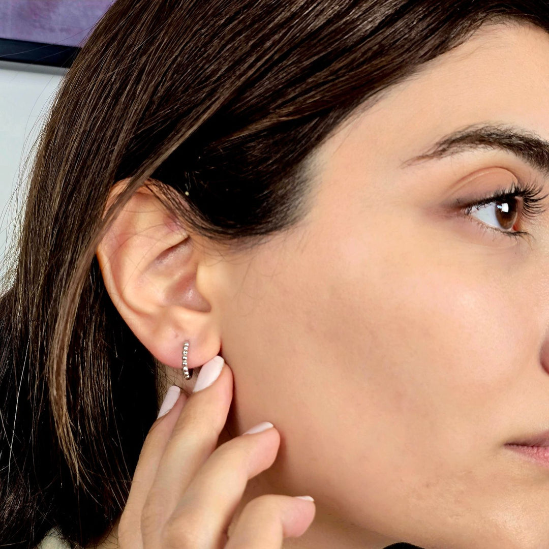 Dainty Beaded Huggie Hoop Sterling Silver Earrings