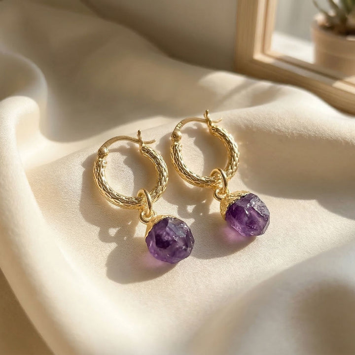 Raw Amethyst February Birthstone Huggie Hoops Gold Vermeil Plated Gemstone Earrings