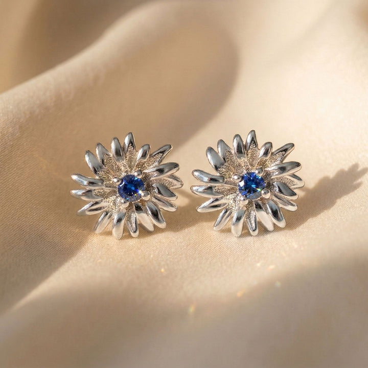 Sapphire September Birthstone Aster Birthflower Sterling Silver Stud Earrings