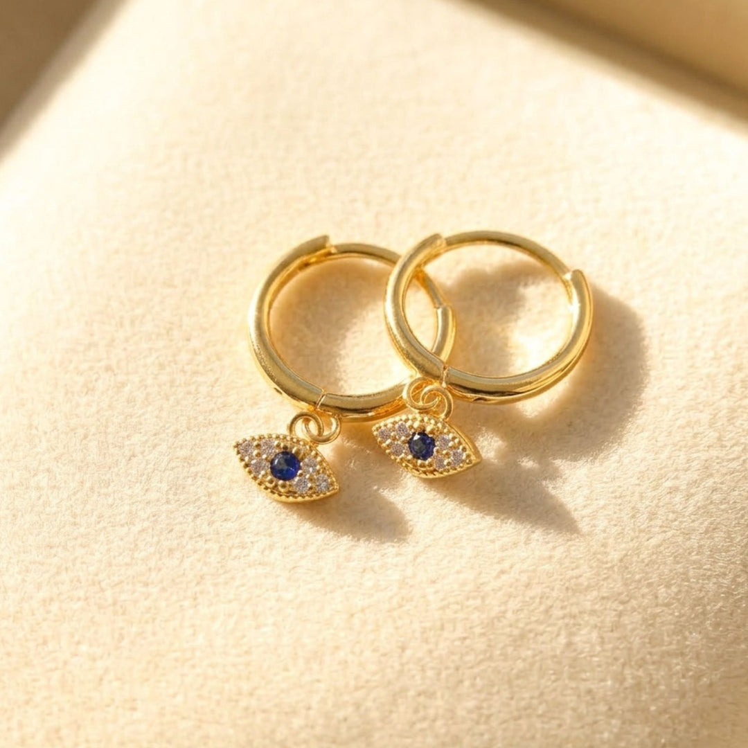 Minimalist Small Evil Eye Charm Dainty Hoop Gold Plated Earrings