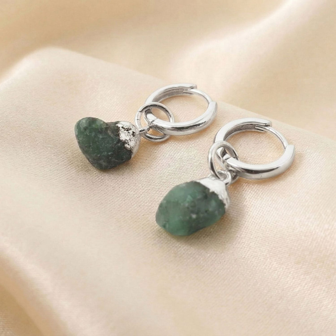Raw Emerald May Birthstone Sterling Silver Huggies