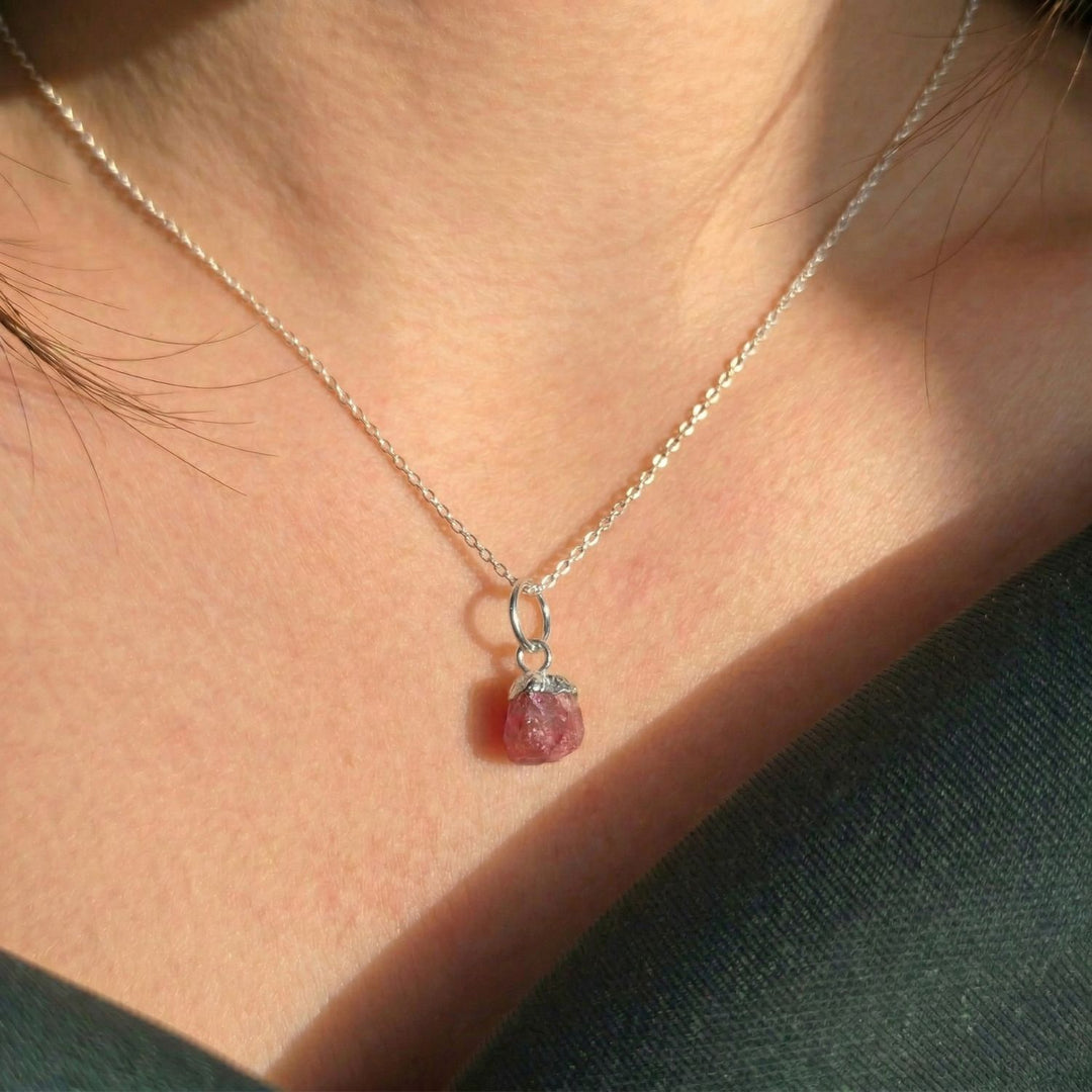 Raw Pink Tourmaline October Birthstone Silver Necklace